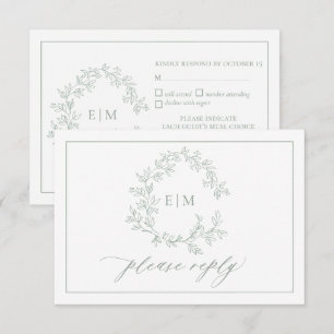 Sage Green Leafy Crest Monogram Wedding RSVP Card