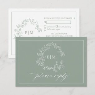 Sage Green Leafy Crest Monogram Wedding RSVP Card