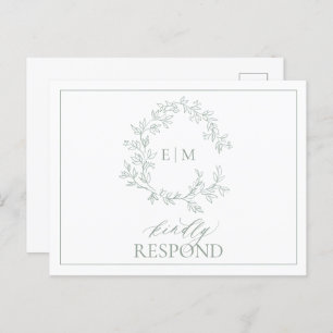 Sage Green Leafy Crest Monogram Wedding RSVP Invit Invitation Postcard