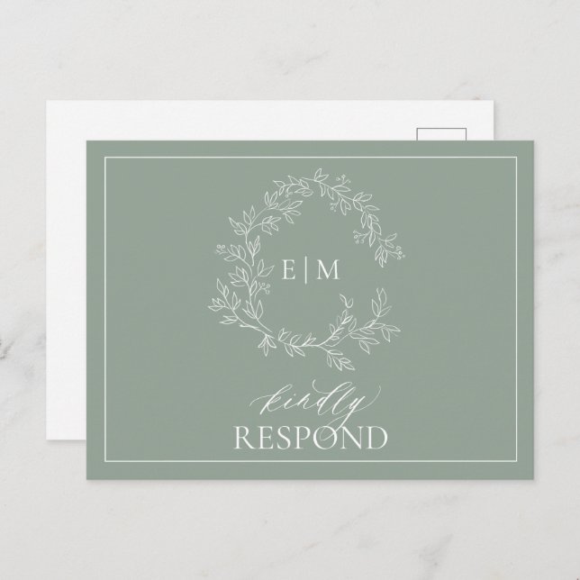 Sage Green Leafy Crest Monogram Wedding RSVP Invitation Postcard (Front/Back)