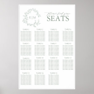 Sage Green Leafy Crest Monogram Wedding Seating Poster