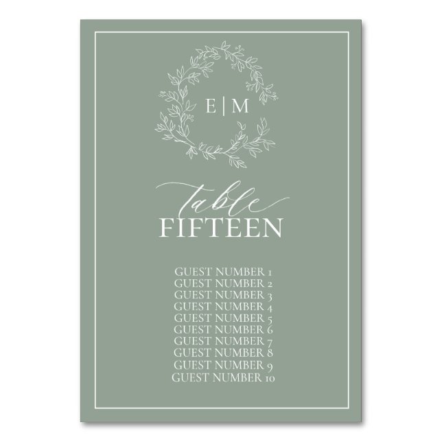 Sage Green Leafy Crest Monogram Wedding Table Numb Number (Front)