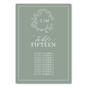 Sage Green Leafy Crest Monogram Wedding Table Numb Table Number