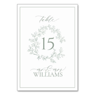 Sage Green Leafy Crest Monogram Wedding Table Number