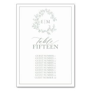 Sage Green Leafy Crest Monogram Wedding Table Number