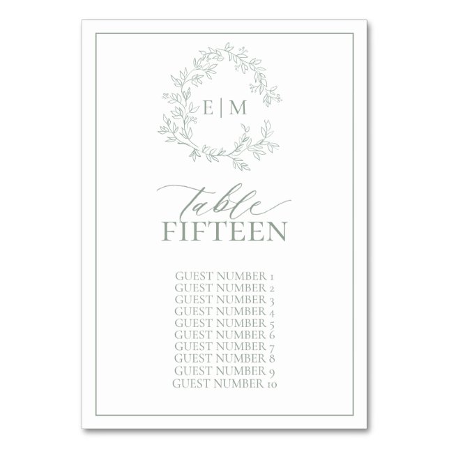 Sage Green Leafy Crest Monogram Wedding Table Number (Front)
