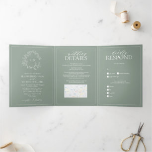 Sage Green Leafy Crest Monogram Wedding Tri-Fold I Invitation