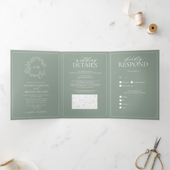 Sage Green Leafy Crest Monogram Wedding Tri-Fold I Invitation (Inside)