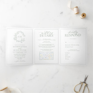 Sage Green Leafy Crest Monogram Wedding Tri-Fold Invitation