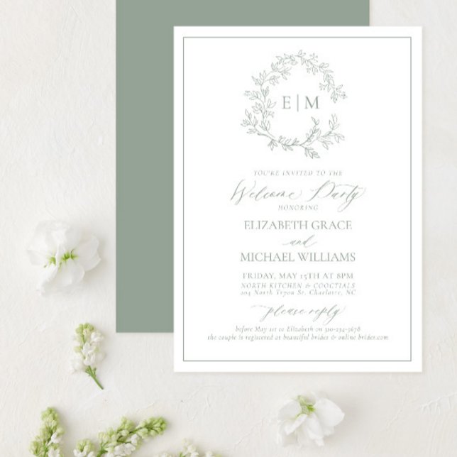 Sage Green Leafy Crest Monogram Welcome Party Invitation (Creator Uploaded)