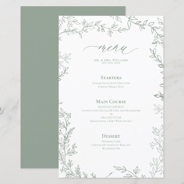 Sage Green Leafy Frame Wedding Menu (Front/Back)