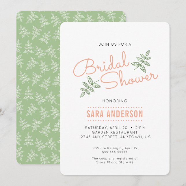 Sage Green Leaves and Coral Bridal Shower Invite (Front/Back)