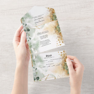Sage Green Leaves and Gold Dust Wedding All In One Invitation