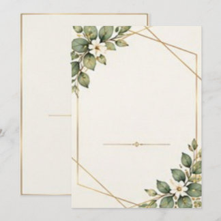 Sage Green Leaves and White Blossoms Gold Frame Invitation