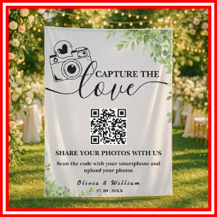 Sage Green Leaves Capture The Love QR Wedding Tapestry