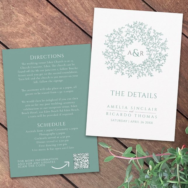 Sage green leaves circle wedding details and QR Enclosure Card (Creator Uploaded)