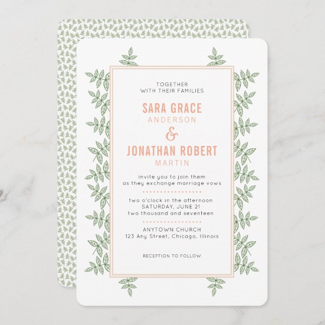 Sage Green Leaves Coral Border Wedding Invitation (Front/Back)