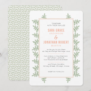 Sage Green Leaves Coral Border Wedding Invitation
