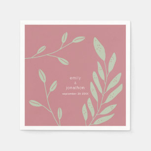 Sage Green Leaves Dusty Rose Names Date Wedding Napkin