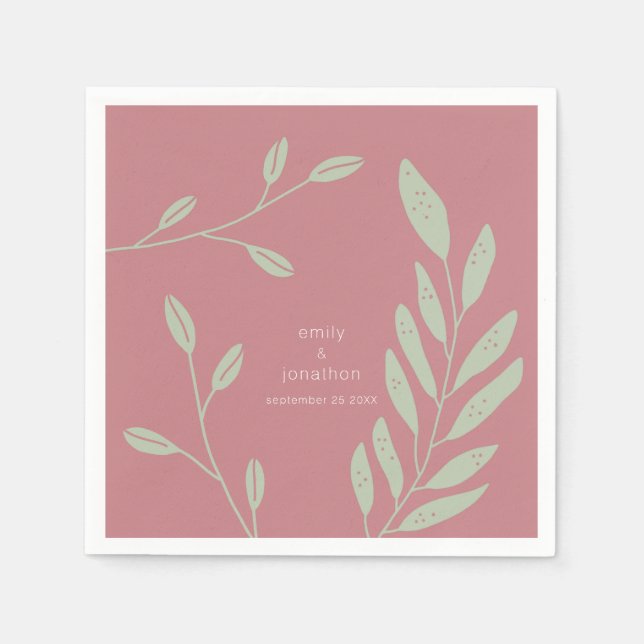 Sage Green Leaves Dusty Rose Names Date Wedding Napkin (Front)