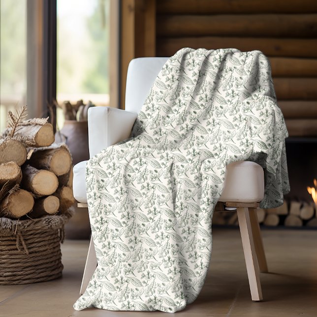 Sage Green Leaves Floral Art Pattern On Ecru Ivory Fleece Blanket (Creator Uploaded)