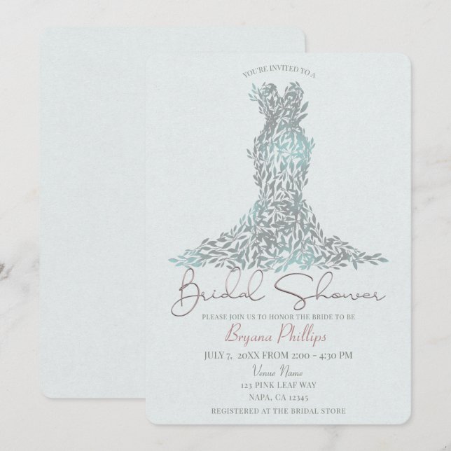 Sage Green Leaves Glam Dress Modern Bridal Shower Invitation (Front/Back)