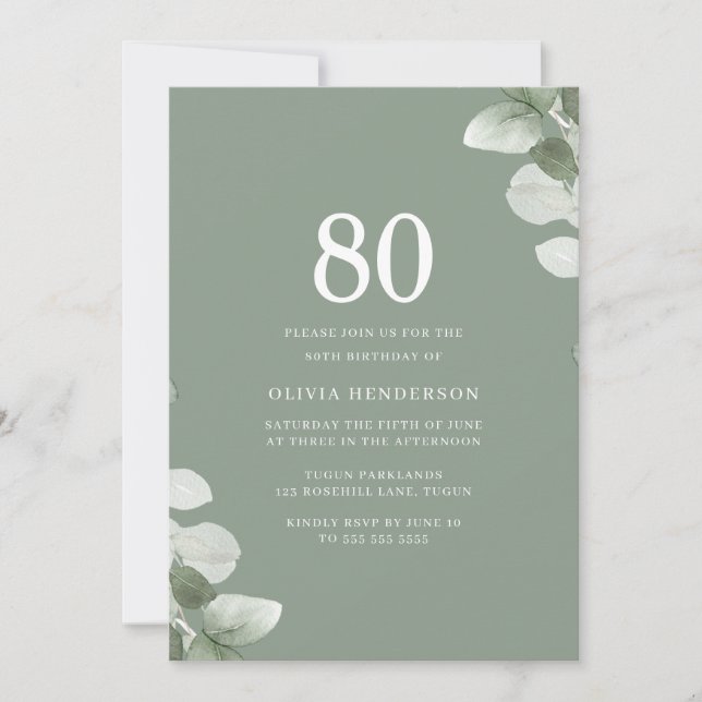 Sage Green Leaves Greenery 80th Birthday Party Invitation (Front)