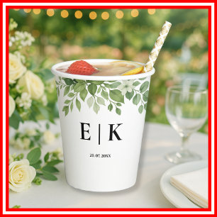Sage Green Leaves Greenery Monogram Wedding Paper Cups