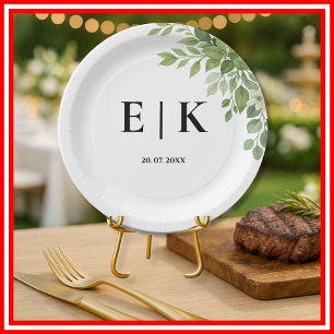 Sage Green Leaves Greenery Monogram Wedding Paper Plate