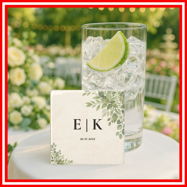 Sage Green Leaves Greenery Monogram Wedding Stone Coaster (Creator Uploaded)