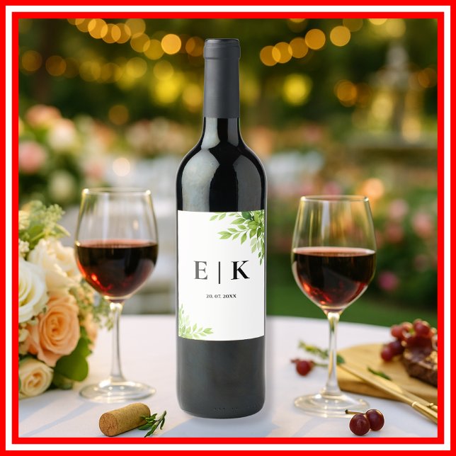 Sage Green Leaves Greenery Monogram Wedding Wine Label (Creator Uploaded)