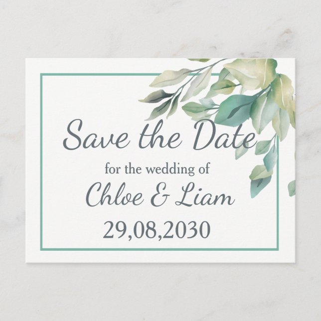 Sage Green Leaves Greenery Wedding Save the Date Postcard (Front)