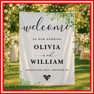 Sage Green Leaves Greenery Wedding Welcome Sign Tapestry