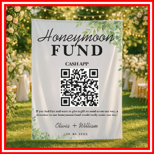 Sage Green Leaves Honeymoon Fund QR Wedding Tapestry