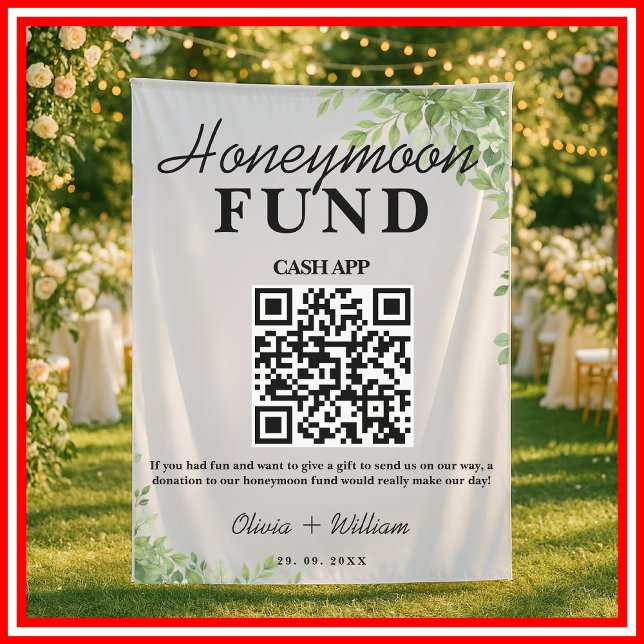 Sage Green Leaves Honeymoon Fund QR Wedding Tapestry (Creator Uploaded)