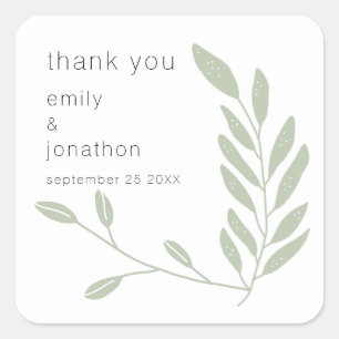 Sage Green Leaves Names Date Wedding Square Sticker