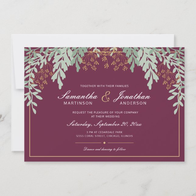 Sage Green Leaves on Cranberry Wedding Invitation (Front)
