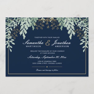 Sage Green Leaves on Dark Blue   Wedding Invitation