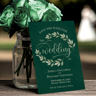 Sage Green Leaves on Emerald Green Elegant Wedding Save The Date