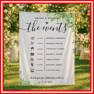 Sage Green Leaves Order of Events Elegant Wedding Tapestry