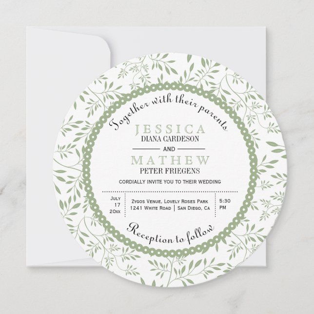  Sage green leaves pattern modern floral wedding Invitation (Front)