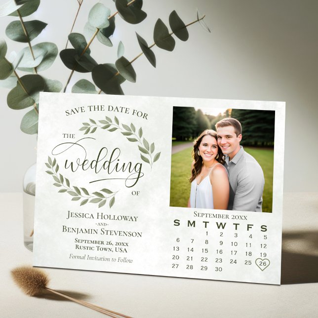 Sage Green Leaves Photo & Calendar Rustic Wedding Save The Date (Creator Uploaded)