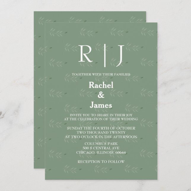 Sage Green Leaves QR Code Monograms Cool Wedding Invitation (Front/Back)