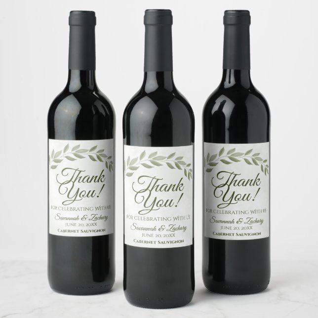 Sage Green Leaves Rustic Wedding Thank You Wine Label (Bottles)