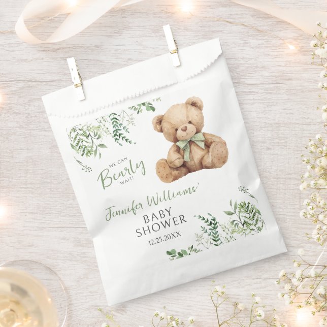 Sage Green Leaves Teddy Bear Bow Baby Boy Shower Favour Bags (Clipped)