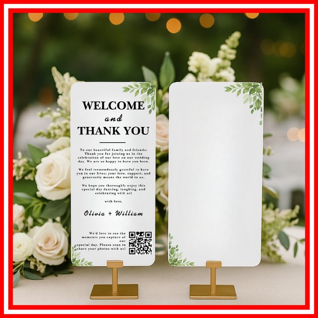 Sage Green Leaves Thank You Welcome QR Code Cards (Creator Uploaded)