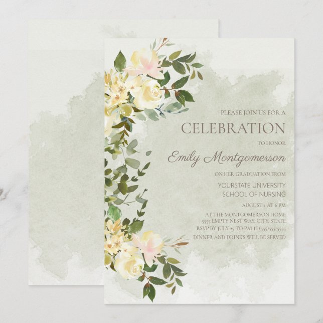 Sage Green Leaves White Floral Nursing School Grad Invitation (Front/Back)