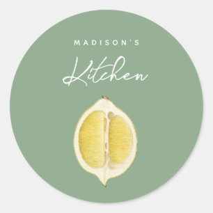 Sage Green & Lemon Script Cooking Custom Name   Classic Round Sticker
