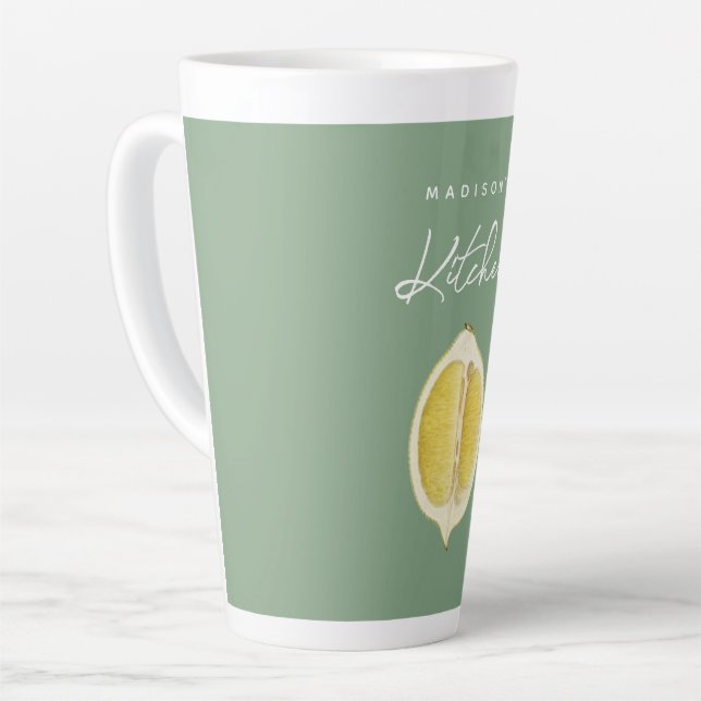 Sage Green & Lemon Script Cooking Custom Name Latte Mug (Left Angle)
