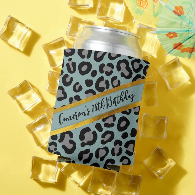 Sage Green Leopard Girly Cheetah Personalised Name Can Cooler (In Situ Summer)